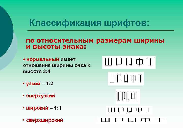 Классификация шрифтов: по относительным размерам ширины и высоты знака: • нормальный имеет отношение ширины