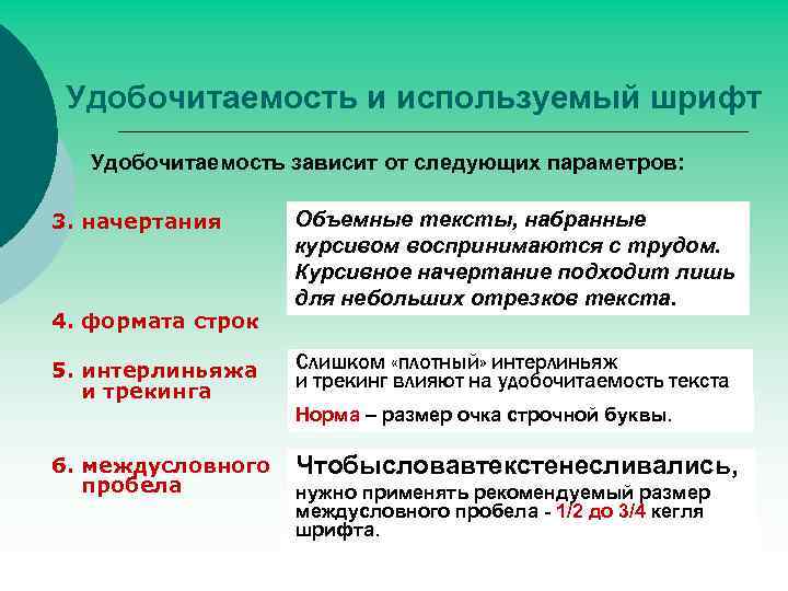 Удобочитаемость и используемый шрифт Удобочитаемость зависит от следующих параметров: 3. начертания 4. формата строк