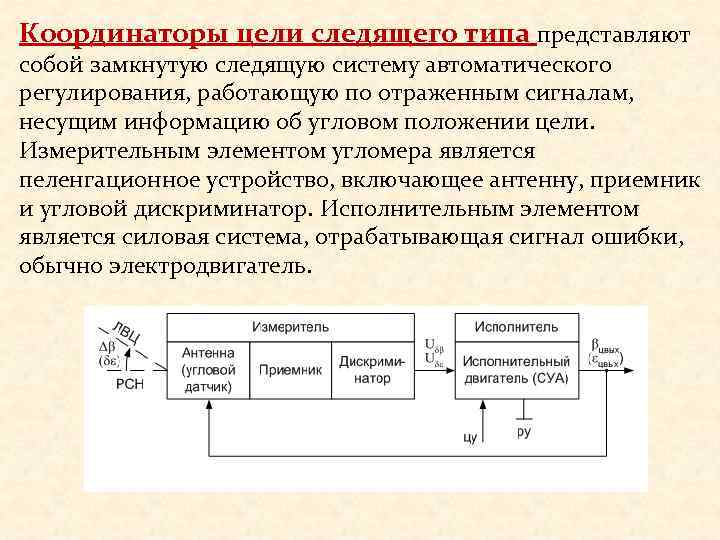 Координаторы цели следящего типа представляют собой замкнутую следящую систему автоматического регулирования, работающую по отраженным