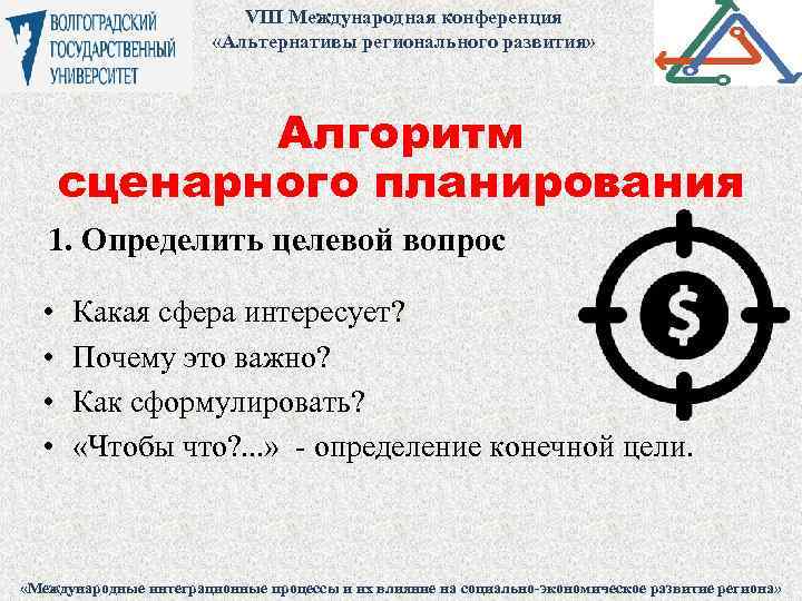 VIII Международная конференция «Альтернативы регионального развития» Алгоритм сценарного планирования 1. Определить целевой вопрос •