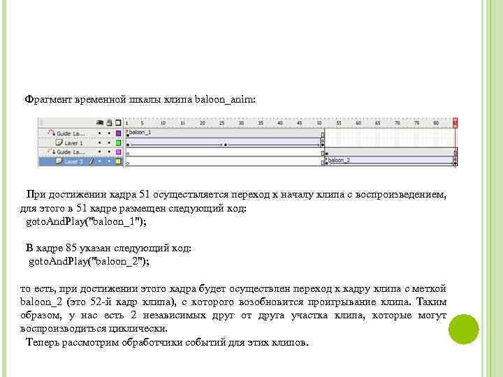 Фрагмент временной шкалы клипа baloon_anim: При достижении кадра 51 осуществляется переход к началу клипа