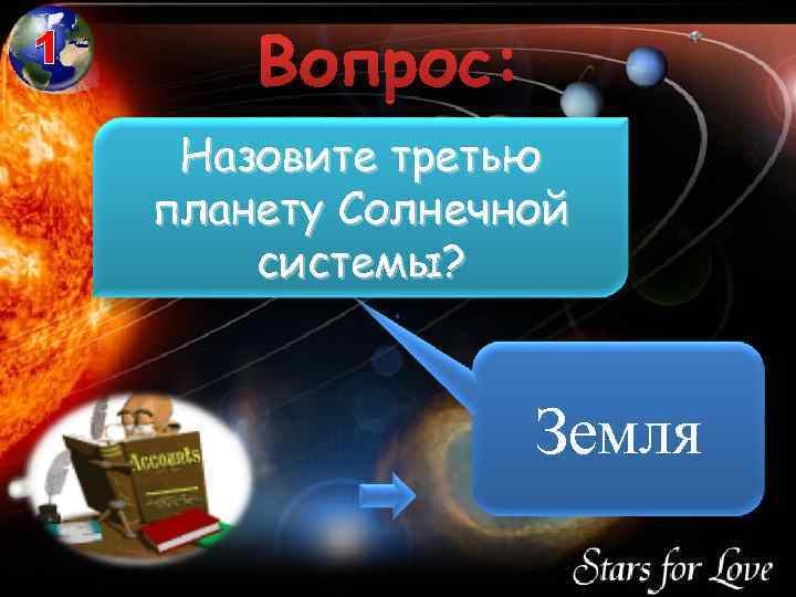 1 Вопрос: Назовите третью планету Солнечной системы? Земля 