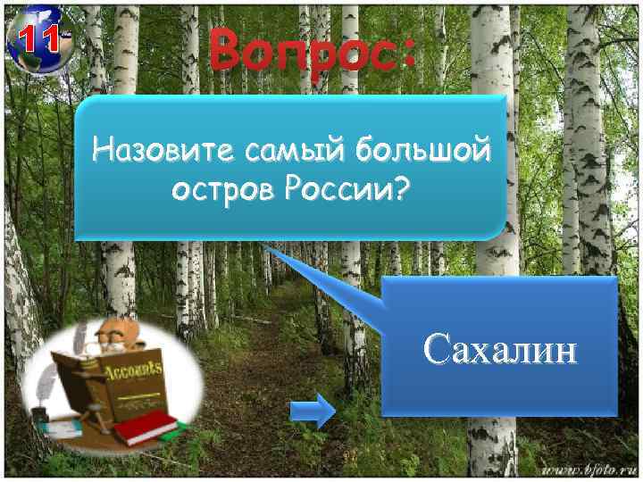 11 Вопрос: Назовите самый большой остров России? Сахалин 