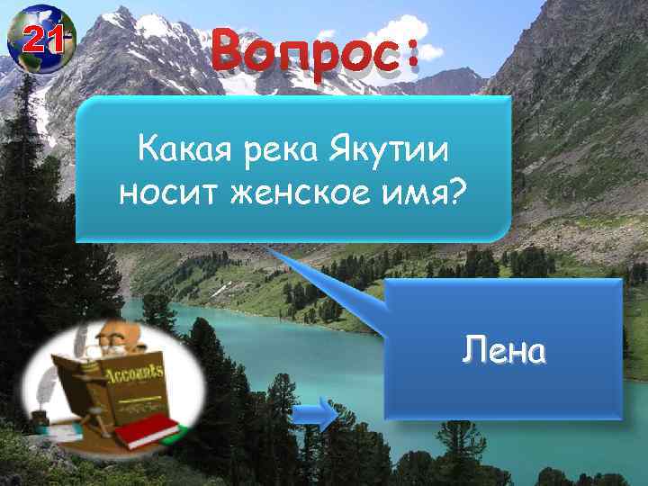 21 Вопрос: Какая река Якутии носит женское имя? Лена 