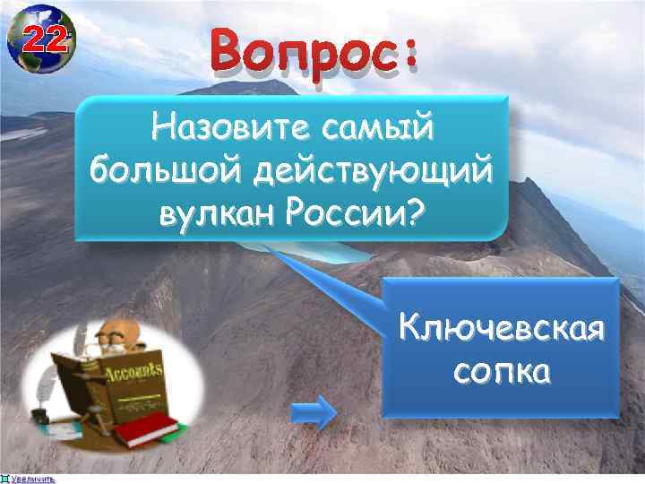 22 Вопрос: Назовите самый большой действующий вулкан России? Ключевская сопка 