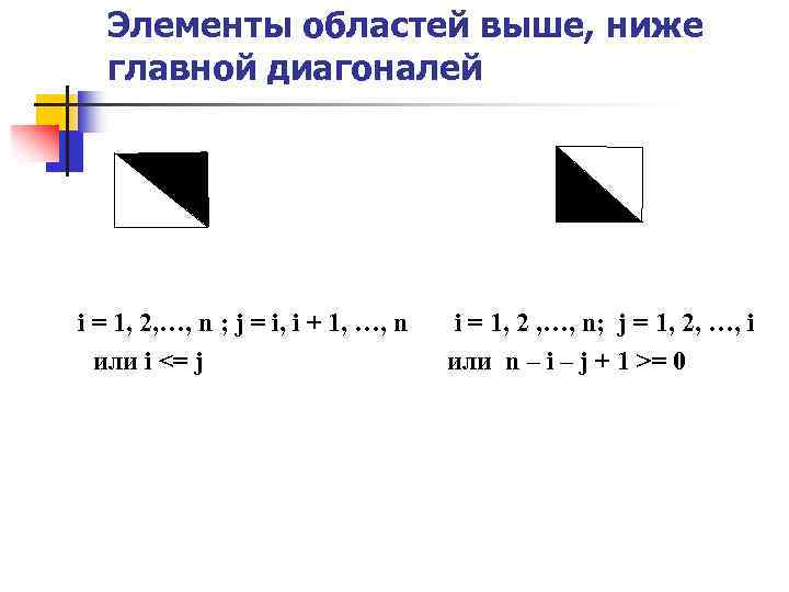  Элементы областей выше, ниже главной диагоналей i = 1, 2, …, n ;