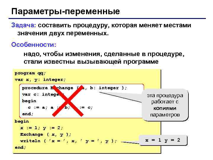Параметры-переменные Задача: составить процедуру, которая меняет местами значения двух переменных. Особенности: надо, чтобы изменения,