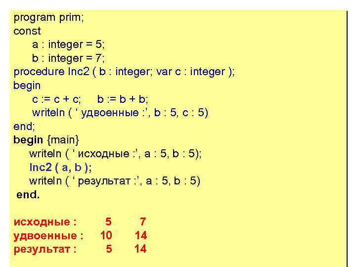 program prim; сonst a : integer = 5; b : integer = 7; рrocedure