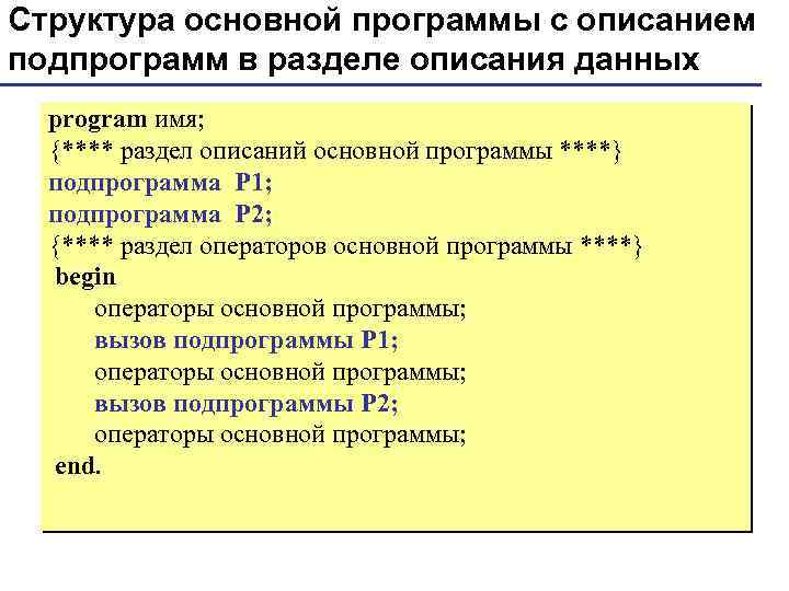 Структура основной программы с описанием подпрограмм в разделе описания данных program имя; {**** раздел