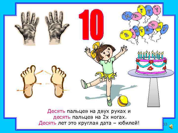 Десять пальцев на двух руках и десять пальцев на 2 х ногах. Десять лет