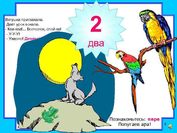 Лягушка прискакала. Дает урок вокала. - Ква-ква!. . . Волчонок, спой-ка! - У-У-У! -