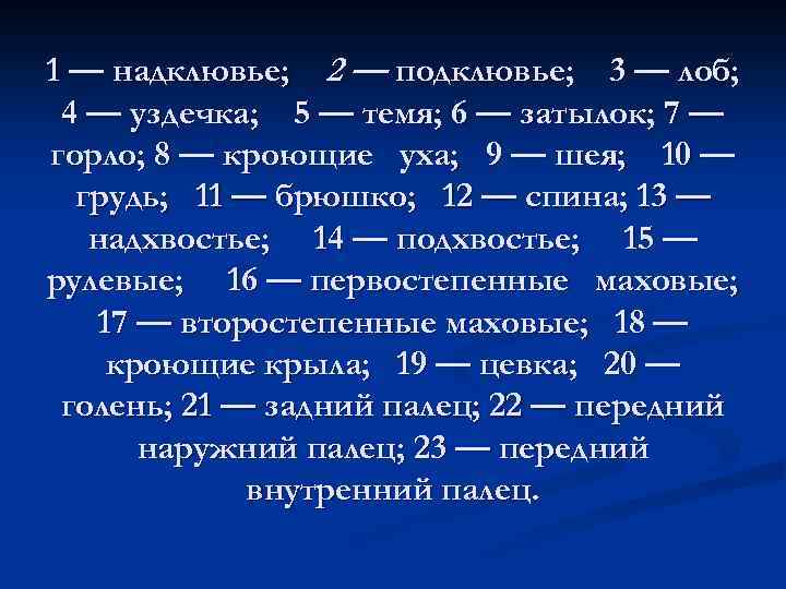 1 — надклювье; 2 — подклювье; 3 — лоб; 4 — уздечка; 5 —