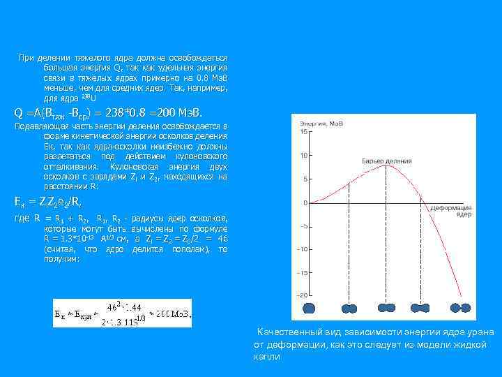  При делении тяжелого ядра должна освобождаться большая энергия Q, так как удельная энергия