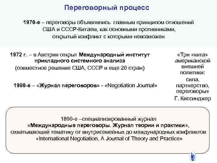 Переговорный процесс 1970 -е – переговоры объявлялись главным принципом отношений США и СССР-Китаем, как