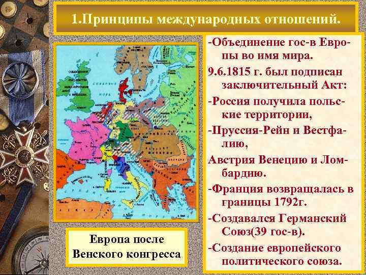 1. Принципы международных отношений. Европа после Венского конгресса -Объединение гос-в Европы во имя мира.