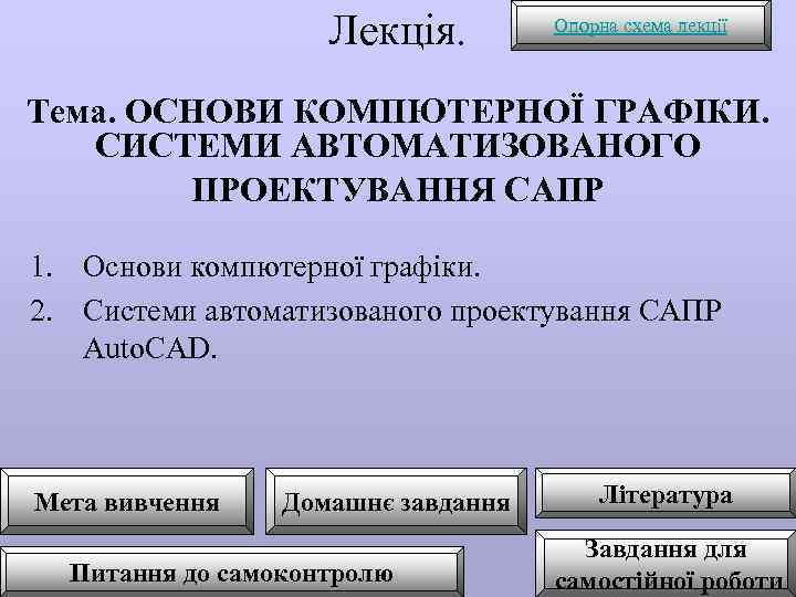  Лекція. Опорна схема лекції Тема. ОСНОВИ КОМПЮТЕРНОЇ ГРАФІКИ. СИСТЕМИ АВТОМАТИЗОВАНОГО ПРОЕКТУВАННЯ САПР 1.