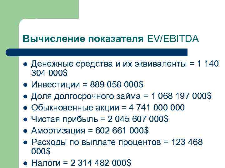 Вычисление показателя EV/EBITDA l l l l Денежные средства и их эквиваленты = 1