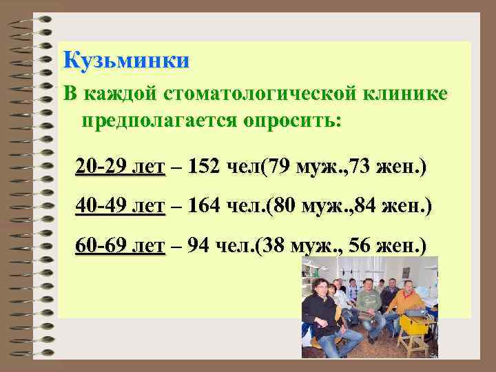Кузьминки В каждой стоматологической клинике предполагается опросить: 20 -29 лет – 152 чел(79 муж.
