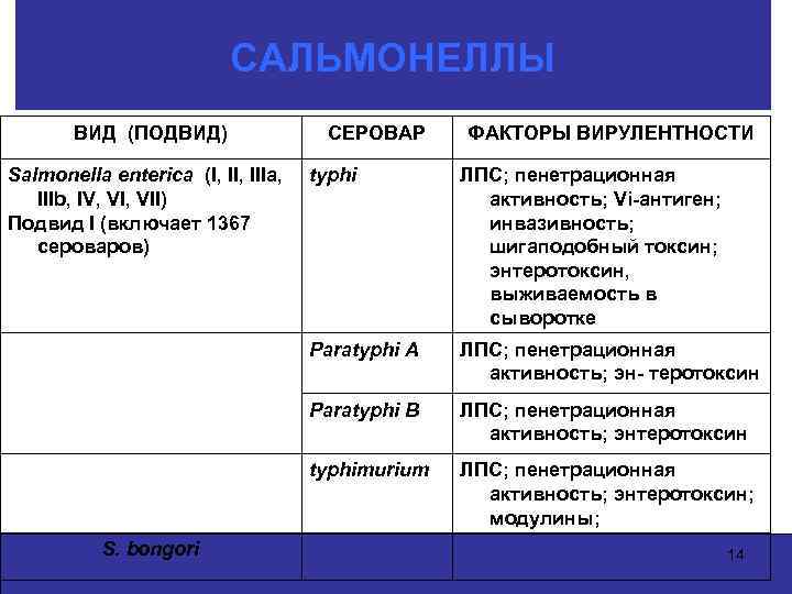 САЛЬМОНЕЛЛЫ ВИД (ПОДВИД) Salmonella enterica (I, IIIa, IIIb, IV, VII) Подвид I (включает 1367