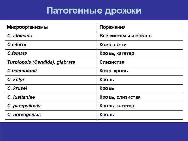 Патогенные дрожжи Микроорганизмы Поражения С. albicans Все системы и органы C. ciferrii Кожа, ногти
