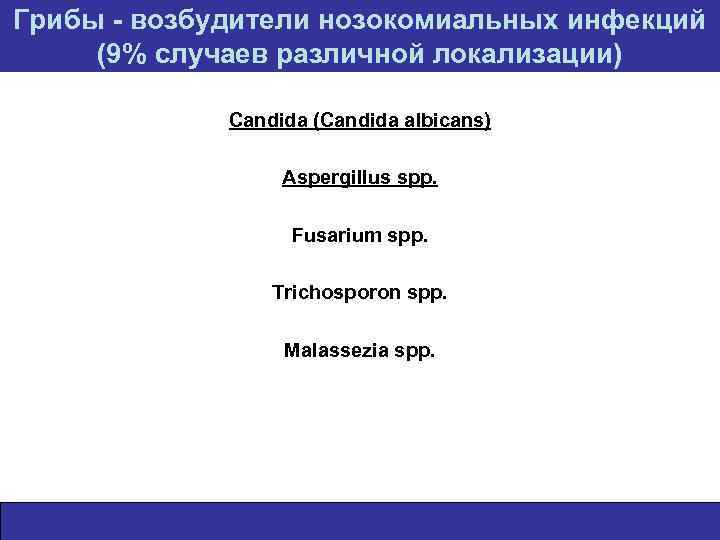 Грибы - возбудители нозокомиальных инфекций (9% случаев различной локализации) Candida (Candida albicans) Aspergillus spp.