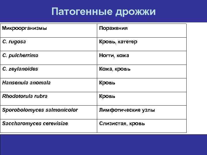 Патогенные дрожжи Микроорганизмы Поражения C. rugosa Кровь, катетер C. pulcherrima Ногти, кожа C. zeylanoides