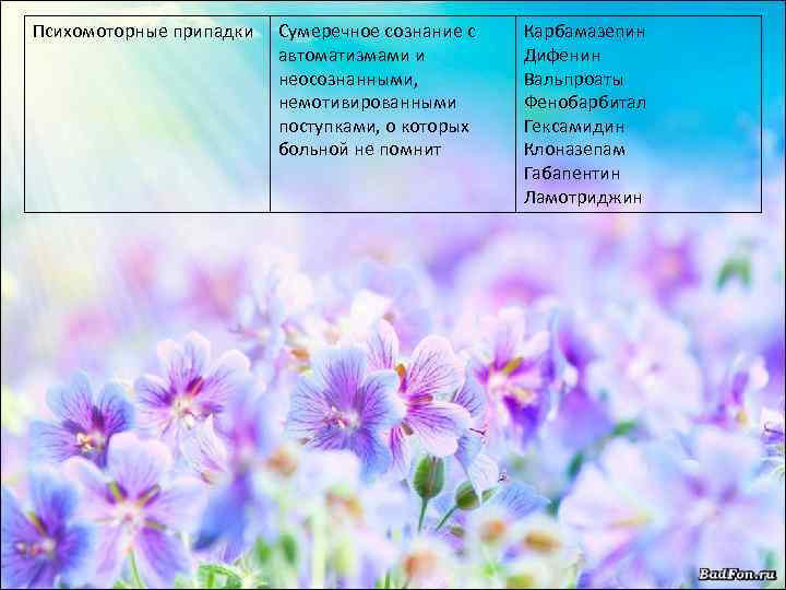 Психомоторные припадки Сумеречное сознание с автоматизмами и неосознанными, немотивированными поступками, о которых больной не