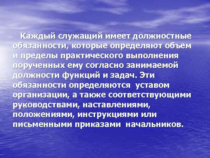 Каждый служащий имеет должностные обязанности, которые определяют объем и пределы практического выполнения порученных ему