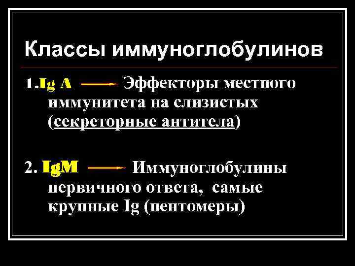 Классы иммуноглобулинов Эффекторы местного иммунитета на слизистых (секреторные антитела) 1. Ig A 2. Ig.