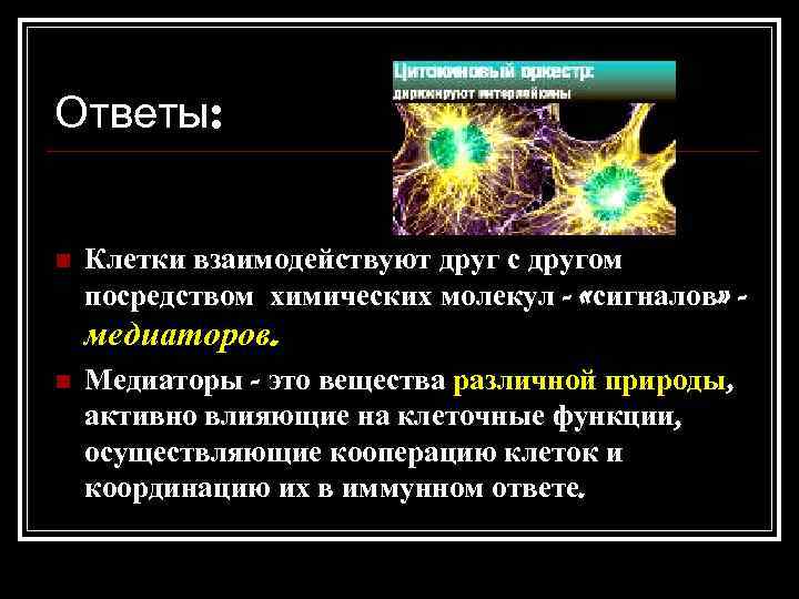 Ответы: n Клетки взаимодействуют друг с другом посредством химических молекул - «сигналов» - медиаторов.