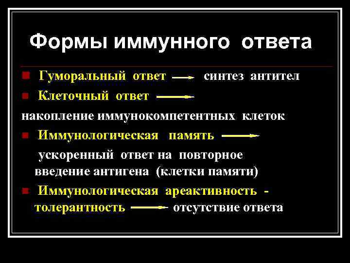 Формы иммунного ответа n Гуморальный ответ синтез антител Клеточный ответ накопление иммунокомпетентных клеток n