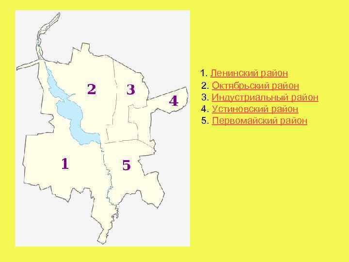  1. Ленинский район 2. Октябрьский район 3. Индустриальный район 4. Устиновский район 5.