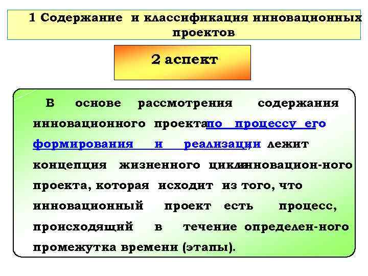1 Содержание и классификация инновационных проектов 2 аспект В основе рассмотрения инновационного проектапо формирования