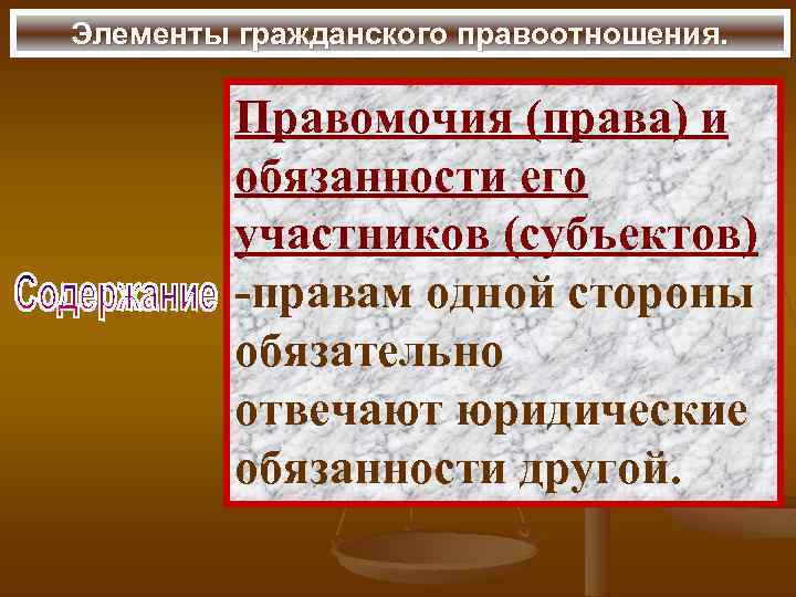 Элементы гражданского правоотношения. Правомочия (права) и обязанности его участников (субъектов) -правам одной стороны обязательно
