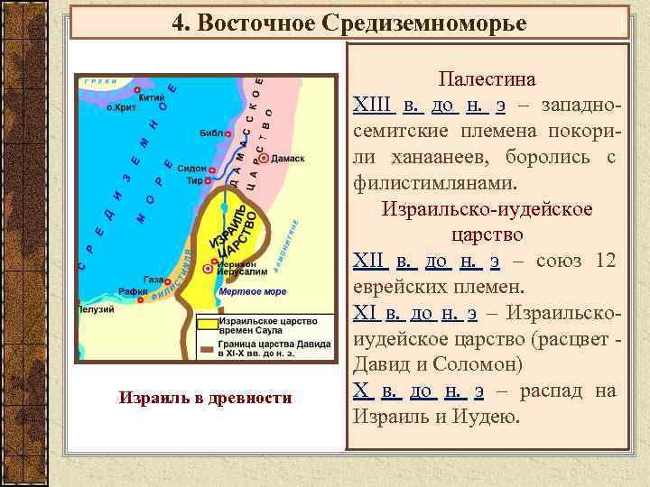 4. Восточное Средиземноморье Израиль в древности Палестина XIII в. до н. э – западносемитские