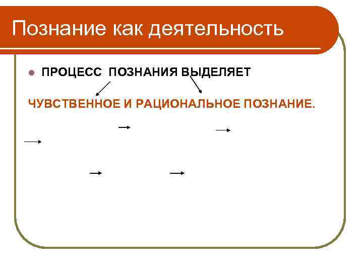 Познание как деятельность l ПРОЦЕСС ПОЗНАНИЯ ВЫДЕЛЯЕТ ЧУВСТВЕННОЕ И РАЦИОНАЛЬНОЕ ПОЗНАНИЕ. 