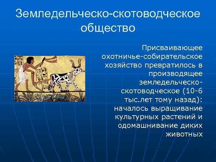 Земледельческо-скотоводческое общество Присваивающее охотничье-собирательское хозяйство превратилось в производящее земледельческоскотоводческое (10 -6 тыс. лет тому