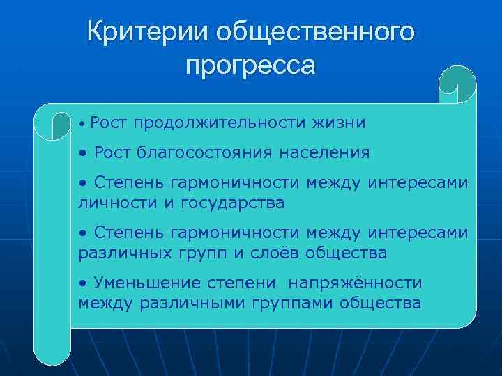 Критерии общественного прогресса • Рост продолжительности жизни • Рост благосостояния населения • Степень гармоничности