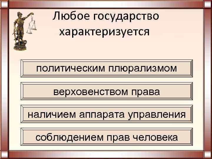 Любое государство характеризуется политическим плюрализмом верховенством права наличием аппарата управления соблюдением прав человека 
