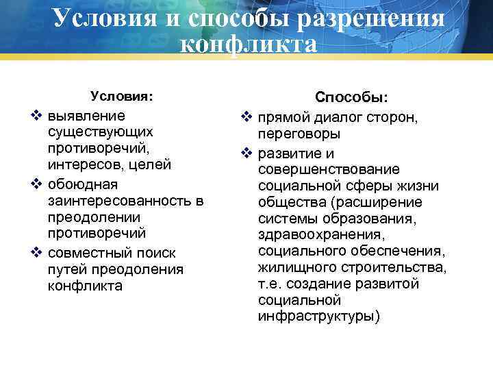 Условия и способы разрешения конфликта Условия: v выявление существующих противоречий, интересов, целей v обоюдная