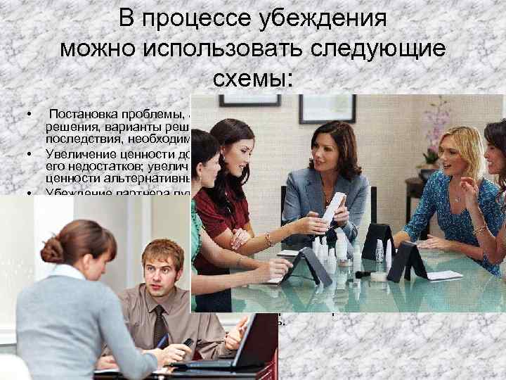 В процессе убеждения можно использовать следующие схемы: • • • Постановка проблемы, актуальность и