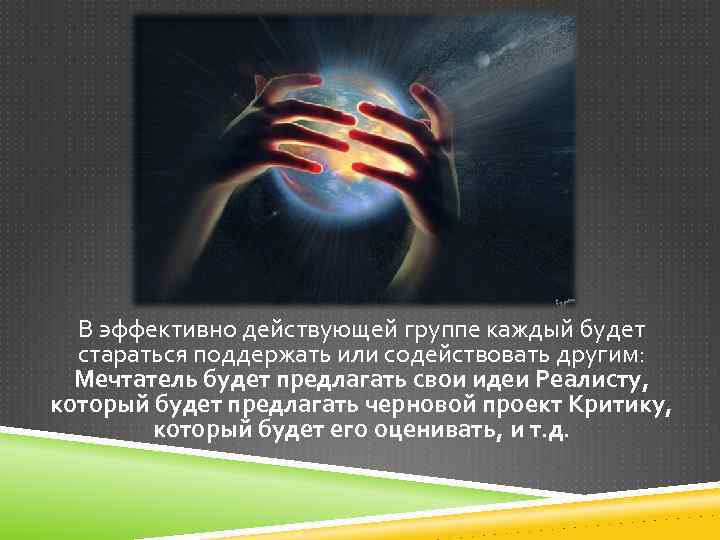 В эффективно действующей группе каждый будет стараться поддержать или содействовать другим: Мечтатель будет предлагать