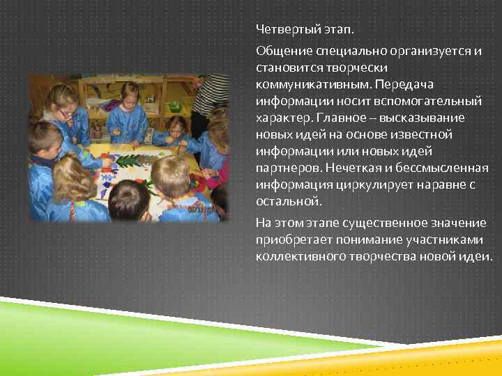 Четвертый этап. Общение специально организуется и становится творчески коммуникативным. Передача информации носит вспомогательный характер.
