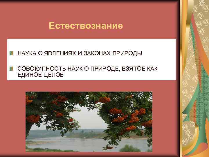  Естествознание НАУКА О ЯВЛЕНИЯХ И ЗАКОНАХ ПРИРОДЫ СОВОКУПНОСТЬ НАУК О ПРИРОДЕ, ВЗЯТОЕ КАК