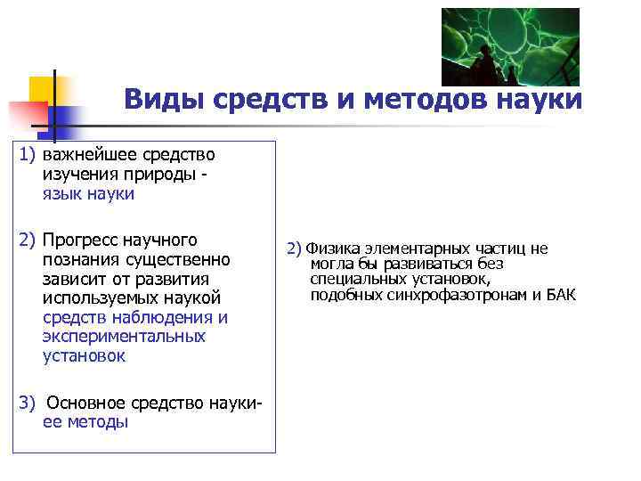 Виды средств и методов науки 1) важнейшее средство изучения природы - язык науки 2)