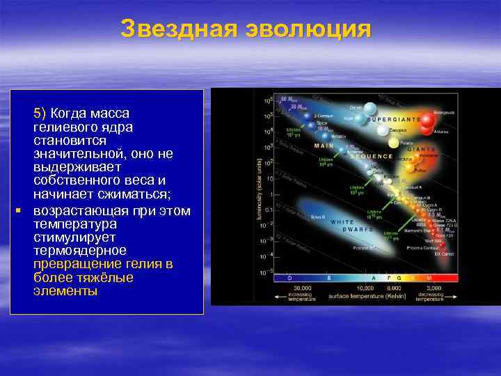 Звездная эволюция 5) Когда масса гелиевого ядра становится значительной, оно не выдерживает собственного веса