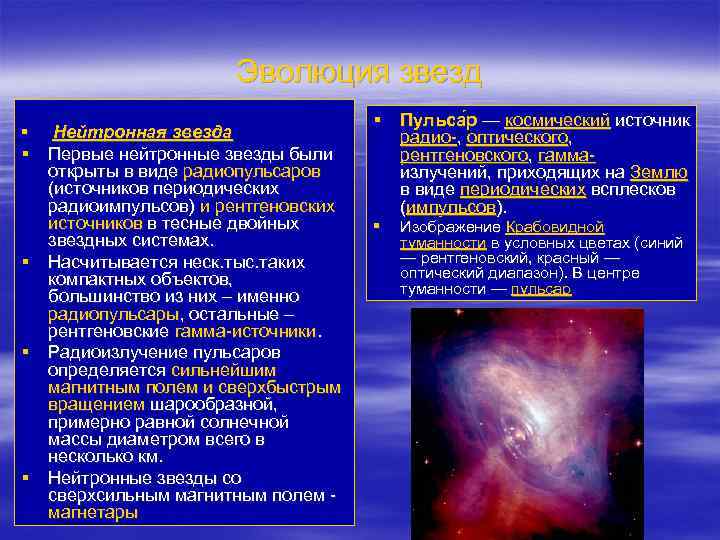 Эволюция звезд § Нейтронная звезда § Первые нейтронные звезды были открыты в виде радиопульсаров