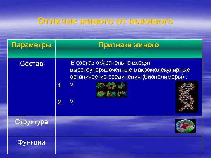 Отличие живого от неживого Параметры Состав Признаки живого В состав обязательно входят высокоупорядоченные макромолекулярные