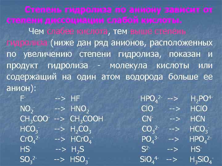  Степень гидролиза по аниону зависит от степени диссоциации слабой кислоты. Чем слабее кислота,