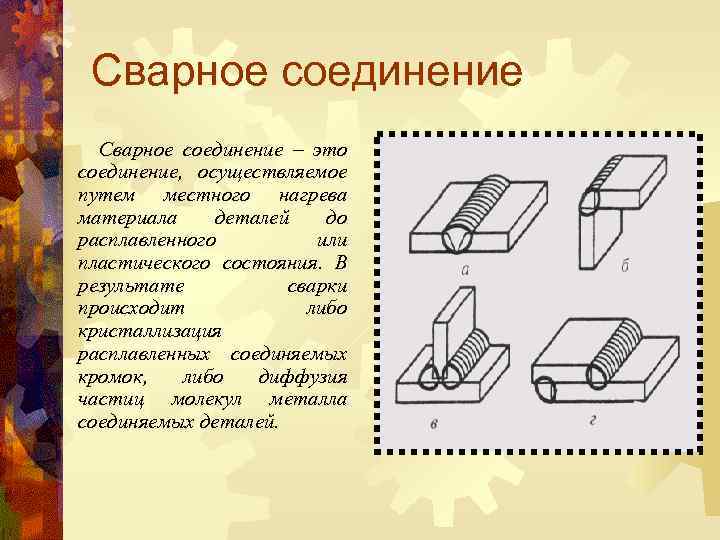 Сварное соединение – это соединение, осуществляемое путем местного нагрева материала деталей до расплавленного или